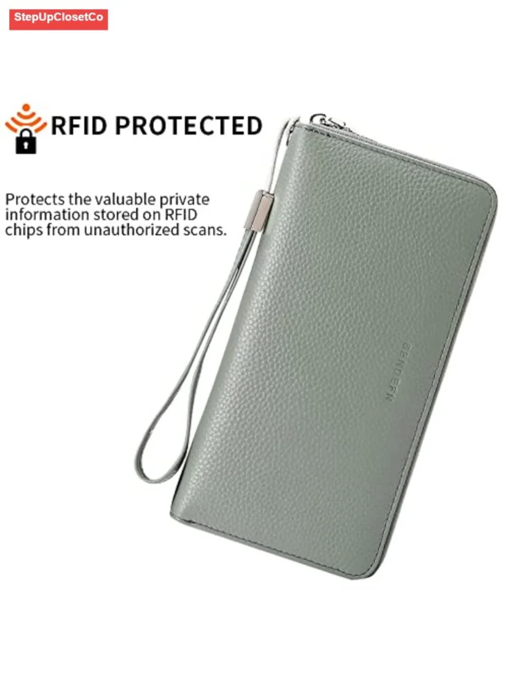Leather RFID Blocking Zip Around Large Capacity Long Wallet with Wristlet